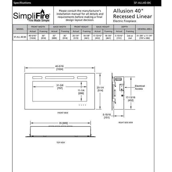 SimpliFire Allusion Electric Fireplace - 40"
