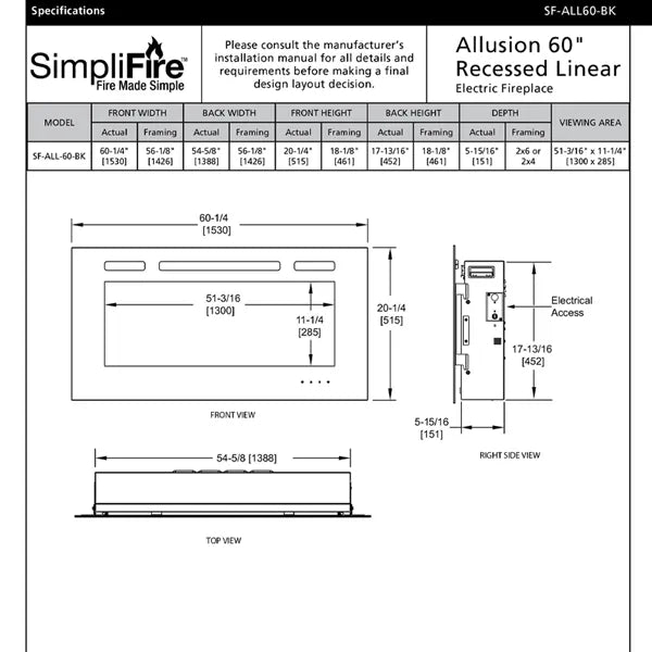 SimpliFire Allusion Electric Fireplace - 60"
